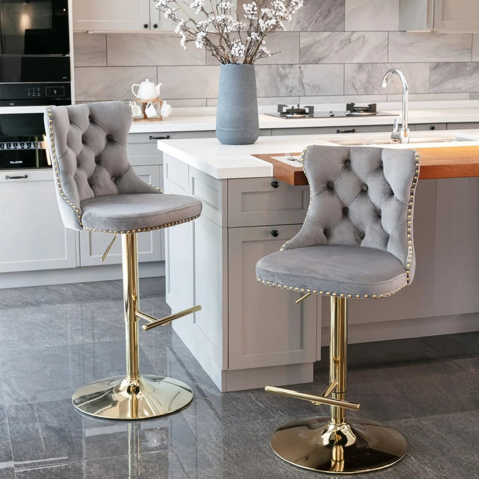 SERENITà Gray Velvet Bar Stools Adjustable Swivel Counter Height Chairs with Tufted Back and Nailhead Trim for Kitchen Island Pub Restaurant (2Pcs, Gold) - Amazingooh Wholesale