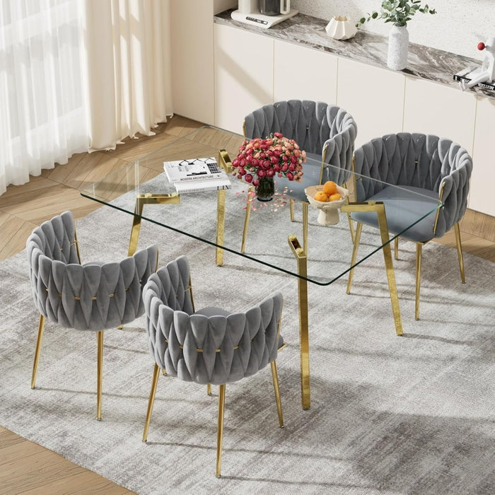 SERENITà Grey Modern Hand Weaving Dining Chairs,Velvet Upholstered Side Chairs with Gold Legs, Chic Vanity Chairs with Armrest, Accent Chair for Dining Room, and Cafe Set of 2 - Amazingooh Wholesale