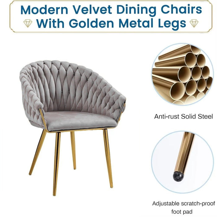 SERENITà Grey Modern Velvet Dining Chairs, Upholstered Living Room Chair with Woven Back and Golden Metal Legs, Mid - Century Accent Set of 2 - Amazingooh Wholesale