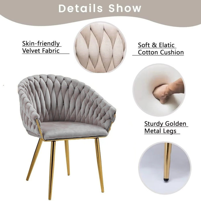 SERENITà Grey Modern Velvet Dining Chairs, Upholstered Living Room Chair with Woven Back and Golden Metal Legs, Mid - Century Accent Set of 2 - Amazingooh Wholesale