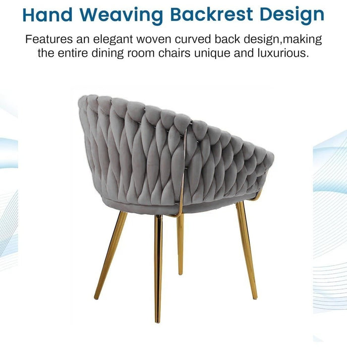 SERENITà Grey Modern Velvet Dining Chairs, Upholstered Living Room Chair with Woven Back and Golden Metal Legs, Mid - Century Accent Set of 2 - Amazingooh Wholesale