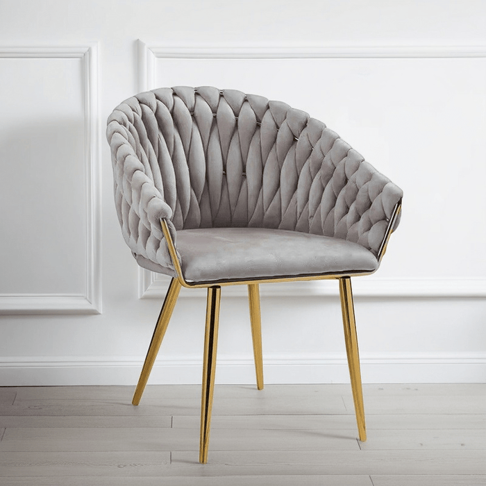 SERENITà Grey Modern Velvet Dining Chairs, Upholstered Living Room Chair with Woven Back and Golden Metal Legs, Mid - Century Accent Set of 2 - Amazingooh Wholesale
