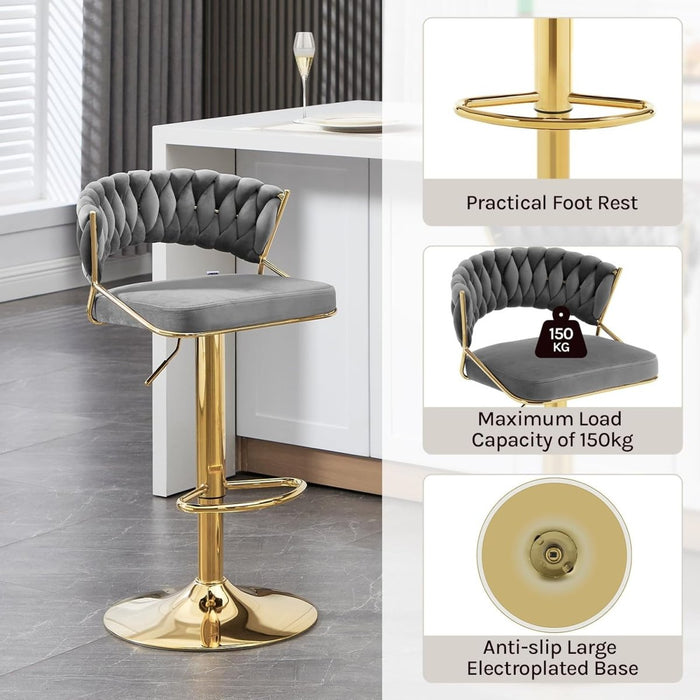SERENITà Grey Velvet Padded Golden Round Base Barstools Chairs x 2 - Amazingooh Wholesale