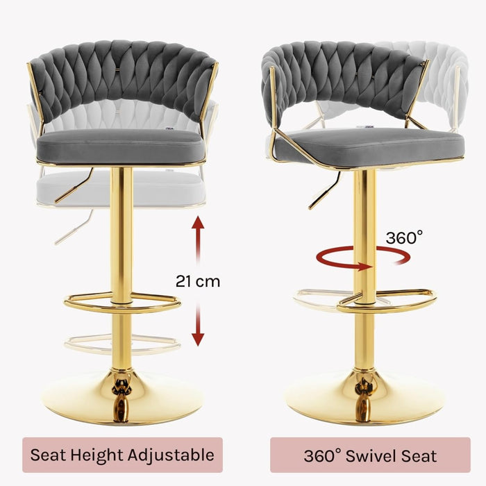 SERENITà Grey Velvet Padded Golden Round Base Barstools Chairs x 2 - Amazingooh Wholesale