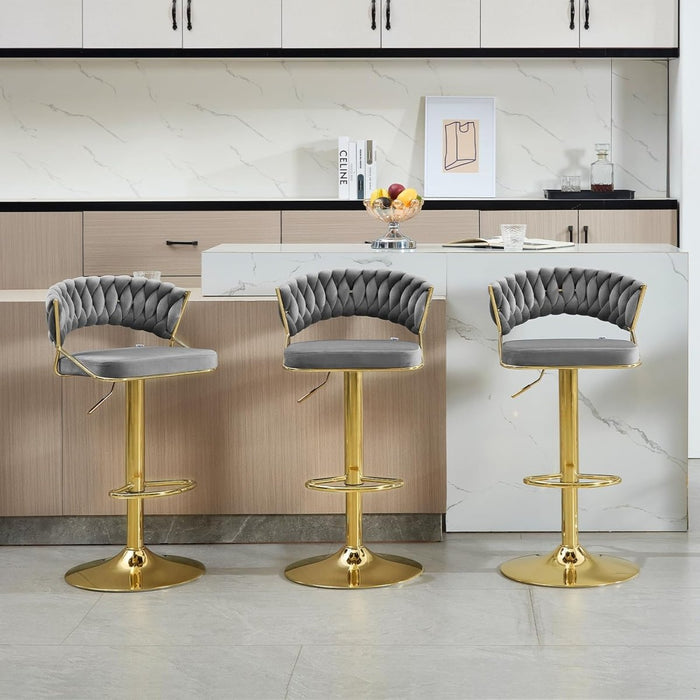 SERENITà Grey Velvet Padded Golden Round Base Barstools Chairs x 2 - Amazingooh Wholesale