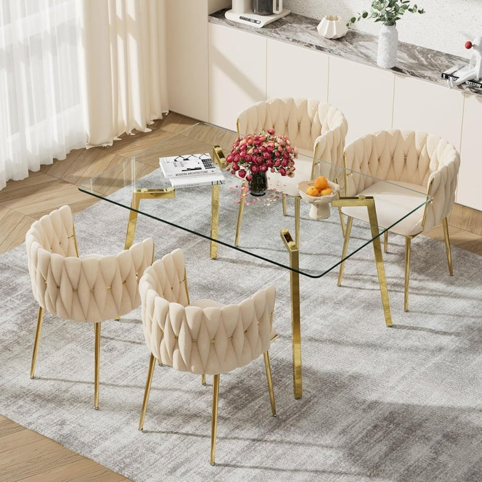 SERENITà Ivory Modern Hand Weaving Dining Chairs,Velvet Upholstered Side Chairs with Gold Legs, Chic Vanity Chairs with Armrest, Accent Chair for Dining Room, and Cafe Set of 2 - Amazingooh Wholesale