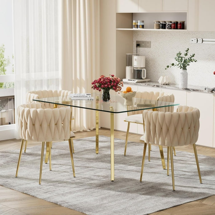 SERENITà Ivory Modern Hand Weaving Dining Chairs,Velvet Upholstered Side Chairs with Gold Legs, Chic Vanity Chairs with Armrest, Accent Chair for Dining Room, and Cafe Set of 2 - Amazingooh Wholesale