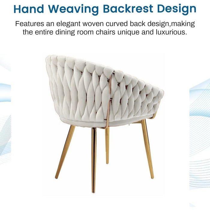 SERENITà Ivory Modern Velvet Dining Chairs, Upholstered Living Room Chair with Woven Back and Golden Metal Legs, Mid - Century Accent Set of 2 - Amazingooh Wholesale