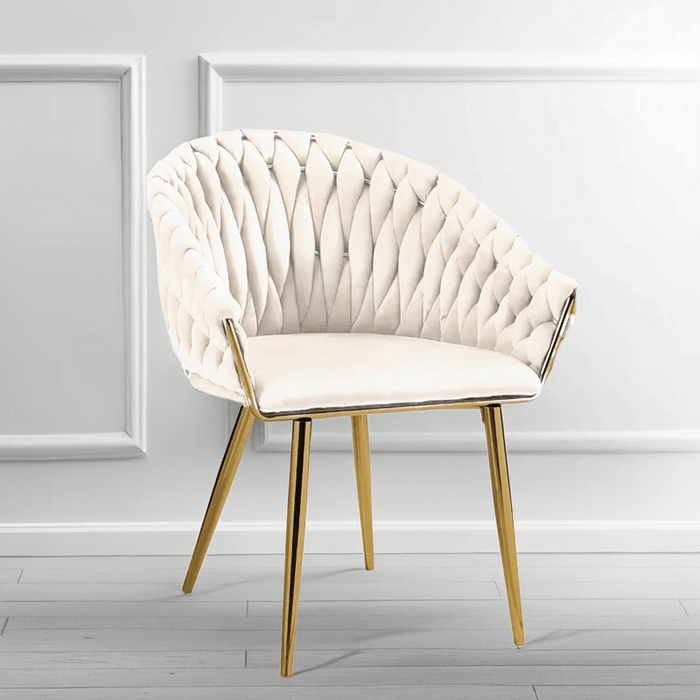 SERENITà Ivory Modern Velvet Dining Chairs, Upholstered Living Room Chair with Woven Back and Golden Metal Legs, Mid - Century Accent Set of 2 - Amazingooh Wholesale