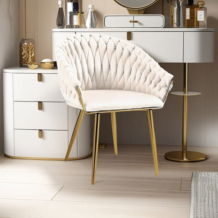 SERENITà Ivory Modern Velvet Dining Chairs, Upholstered Living Room Chair with Woven Back and Golden Metal Legs, Mid - Century Accent Set of 2 - Amazingooh Wholesale