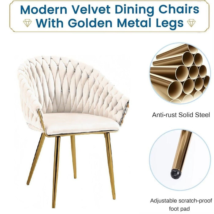 SERENITà Ivory Modern Velvet Dining Chairs, Upholstered Living Room Chair with Woven Back and Golden Metal Legs, Mid - Century Accent Set of 2 - Amazingooh Wholesale
