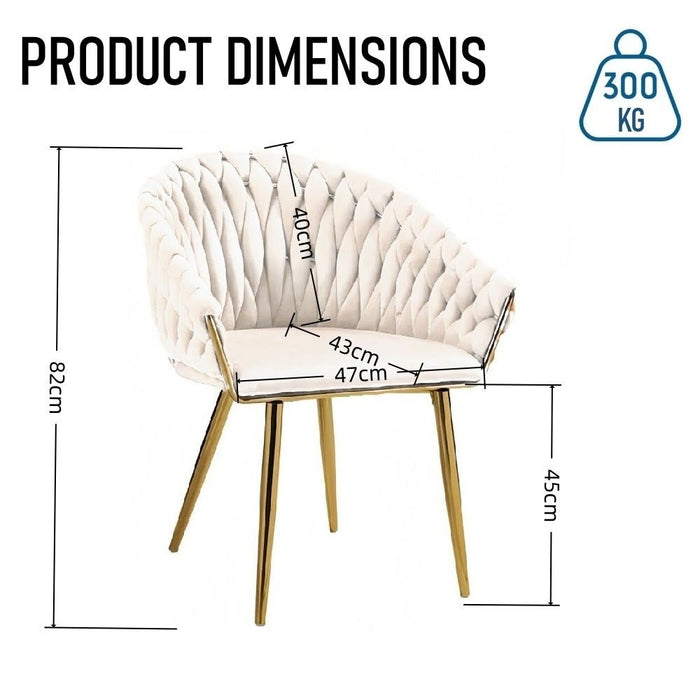 SERENITà Ivory Modern Velvet Dining Chairs, Upholstered Living Room Chair with Woven Back and Golden Metal Legs, Mid - Century Accent Set of 2 - Amazingooh Wholesale