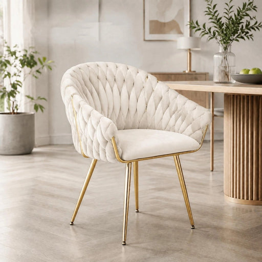SERENITà Ivory Modern Velvet Dining Chairs, Upholstered Living Room Chair with Woven Back and Golden Metal Legs, Mid-Century Accent Set of 2 - Amazingooh Wholesale