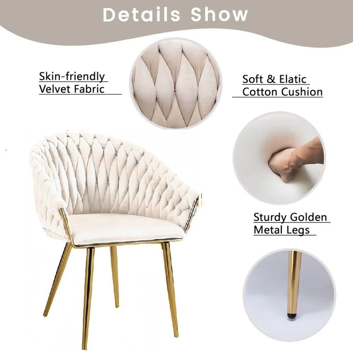 SERENITà Ivory Modern Velvet Dining Chairs, Upholstered Living Room Chair with Woven Back and Golden Metal Legs, Mid - Century Accent Set of 2 - Amazingooh Wholesale