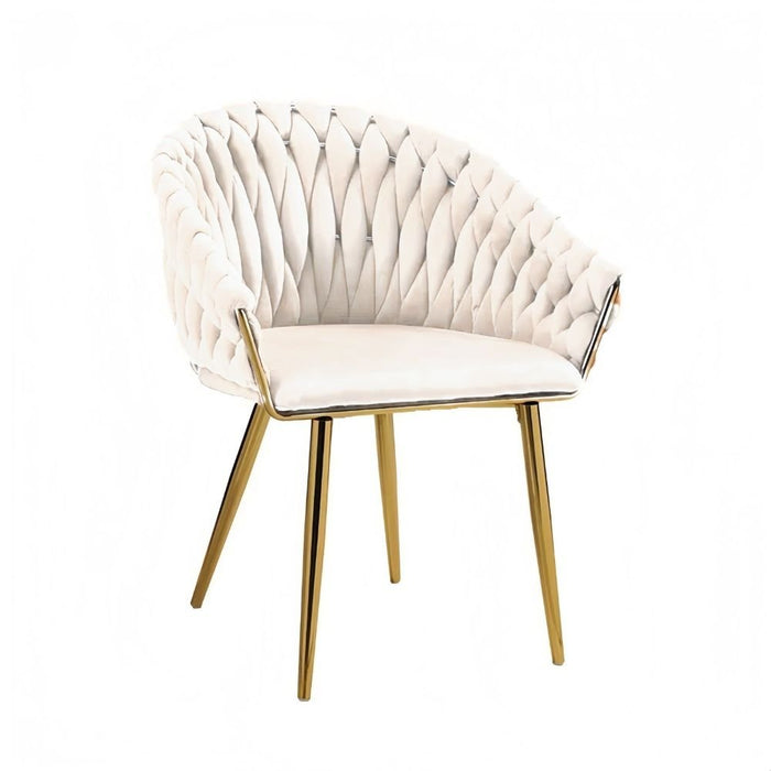 SERENITà Ivory Modern Velvet Dining Chairs, Upholstered Living Room Chair with Woven Back and Golden Metal Legs, Mid - Century Accent Set of 2 - Amazingooh Wholesale