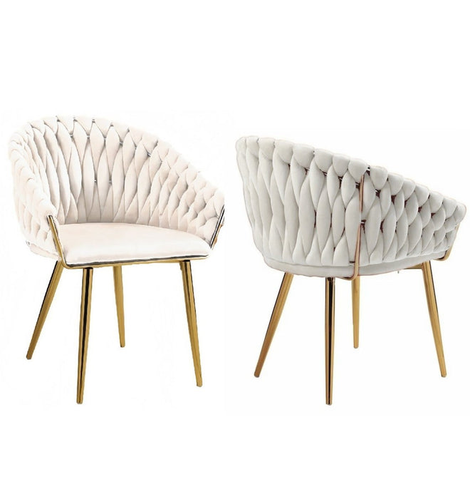 SERENITà Ivory Modern Velvet Dining Chairs, Upholstered Living Room Chair with Woven Back and Golden Metal Legs, Mid - Century Accent Set of 2 - Amazingooh Wholesale