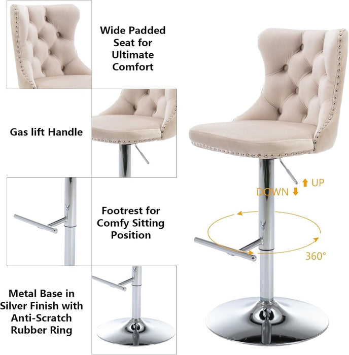 SERENITà Ivory Velvet Bar Stools Adjustable Swivel Counter Height Chairs with Tufted Back and Nailhead Trim for Kitchen Island Pub Restaurant (2Pcs, Chrome Metal) - Amazingooh Wholesale
