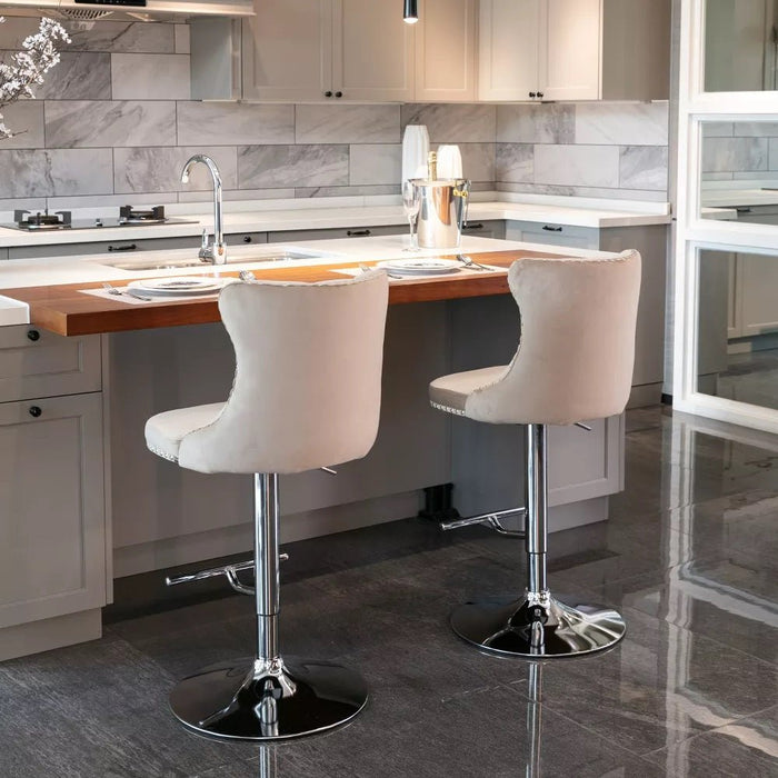 SERENITà Ivory Velvet Bar Stools Adjustable Swivel Counter Height Chairs with Tufted Back and Nailhead Trim for Kitchen Island Pub Restaurant (2Pcs, Chrome Metal) - Amazingooh Wholesale