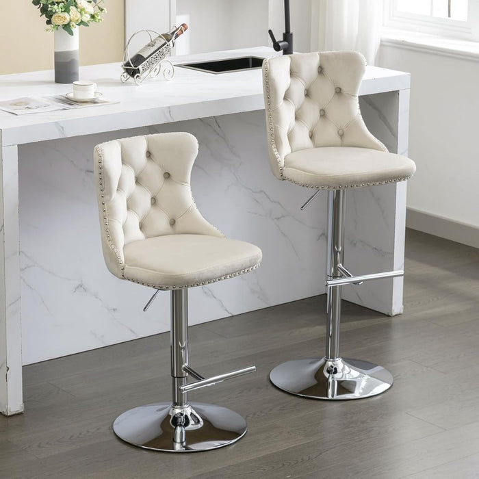 SERENITà Ivory Velvet Bar Stools Adjustable Swivel Counter Height Chairs with Tufted Back and Nailhead Trim for Kitchen Island Pub Restaurant (2Pcs, Chrome Metal) - Amazingooh Wholesale