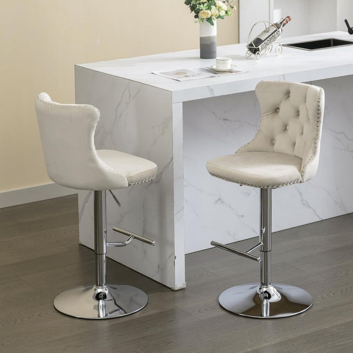SERENITà Ivory Velvet Bar Stools Adjustable Swivel Counter Height Chairs with Tufted Back and Nailhead Trim for Kitchen Island Pub Restaurant (2Pcs, Chrome Metal) - Amazingooh Wholesale
