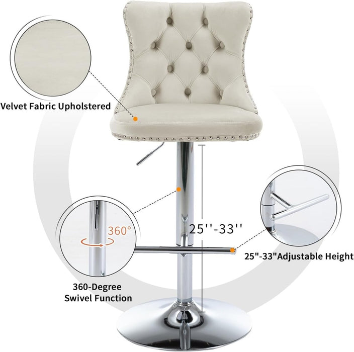 SERENITà Ivory Velvet Bar Stools Adjustable Swivel Counter Height Chairs with Tufted Back and Nailhead Trim for Kitchen Island Pub Restaurant (2Pcs, Chrome Metal) - Amazingooh Wholesale