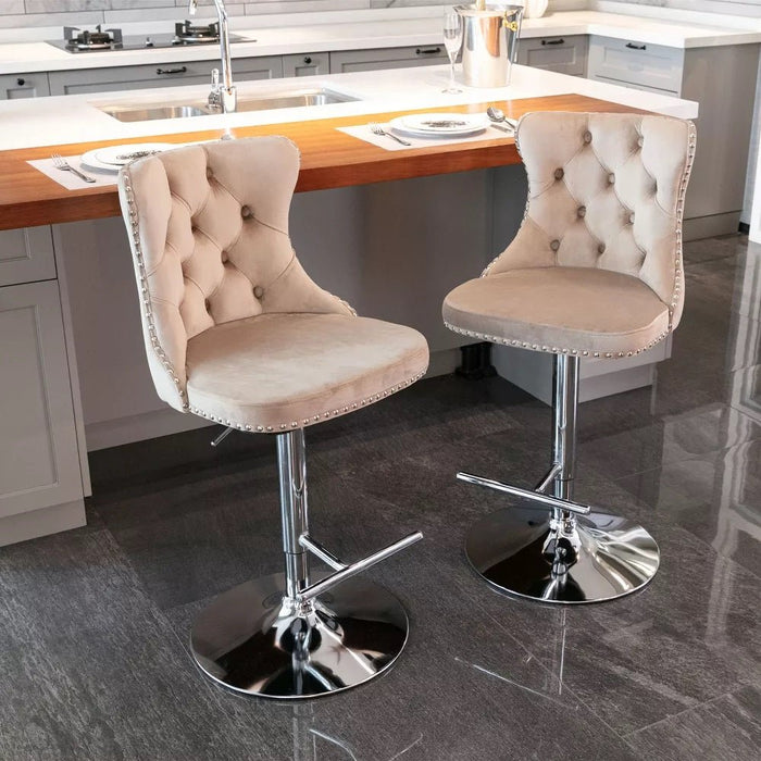 SERENITà Ivory Velvet Bar Stools Adjustable Swivel Counter Height Chairs with Tufted Back and Nailhead Trim for Kitchen Island Pub Restaurant (2Pcs, Chrome Metal) - Amazingooh Wholesale