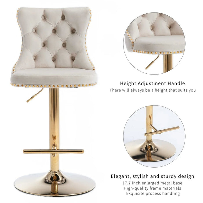 SERENITà Ivory Velvet Bar Stools Adjustable Swivel Counter Height Chairs with Tufted Back and Nailhead Trim for Kitchen Island Pub Restaurant (2Pcs, Gold) - Amazingooh Wholesale