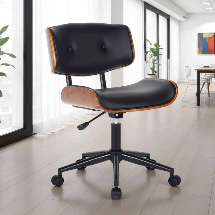 SERENITà Mid - Century Modern Adjustable Office Chair PU Wooden Office Chair (Black/Brown) - Amazingooh Wholesale