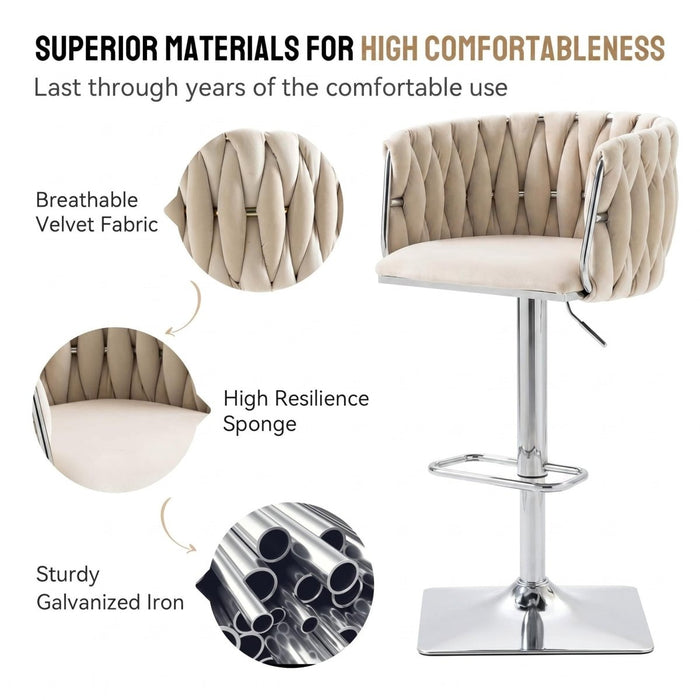 SERENITà Modern Velvet Breakfast Bar Stools Swivel Barstools Adjustable Counter Stools with Backrest (Silver - Ivory) - Amazingooh Wholesale