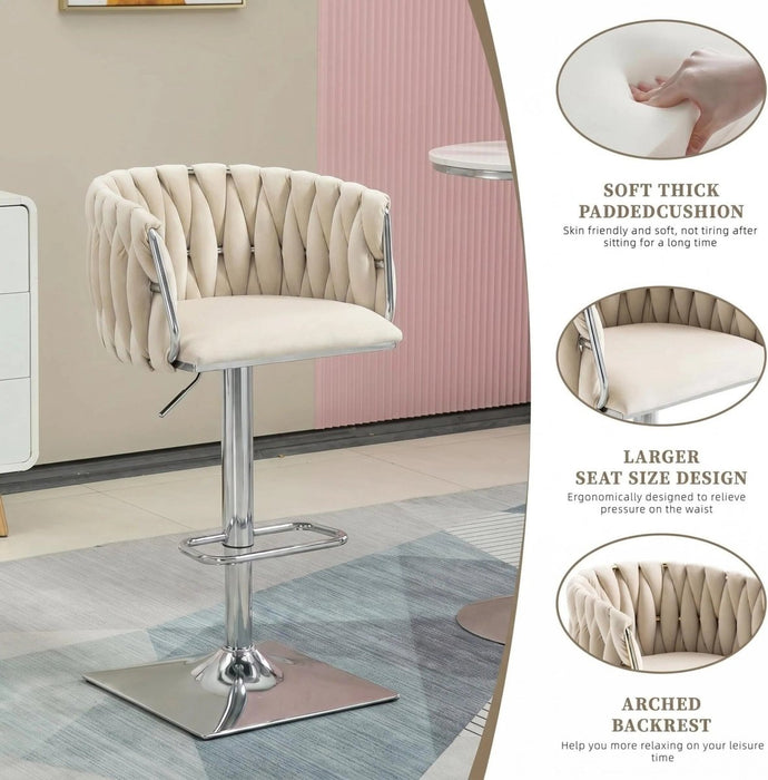 SERENITà Modern Velvet Breakfast Bar Stools Swivel Barstools Adjustable Counter Stools with Backrest (Silver - Ivory) - Amazingooh Wholesale