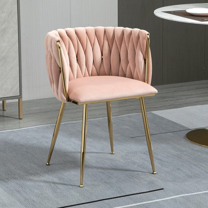 SERENITà Pink Modern Hand Weaving Dining Chairs,Velvet Upholstered Side Chairs with Gold Legs, Chic Vanity Chairs with Armrest, Accent Chair for Dining Room, and Cafe Set of 2 - Amazingooh Wholesale