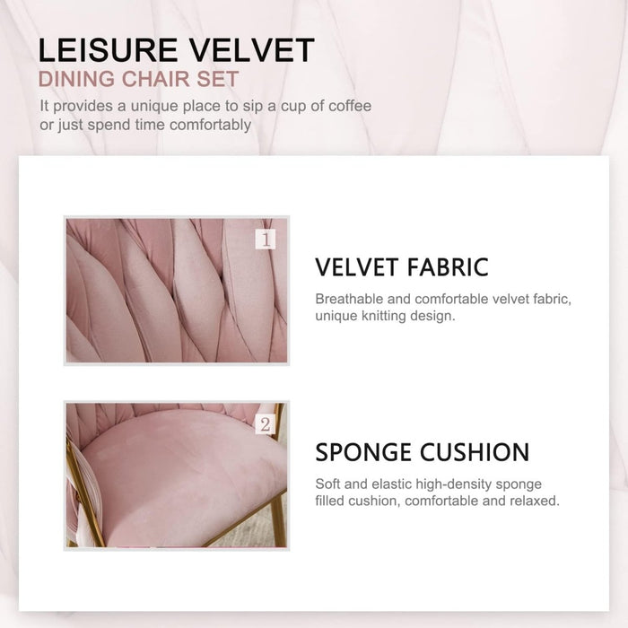 SERENITà Pink Modern Hand Weaving Dining Chairs,Velvet Upholstered Side Chairs with Gold Legs, Chic Vanity Chairs with Armrest, Accent Chair for Dining Room, and Cafe Set of 2 - Amazingooh Wholesale