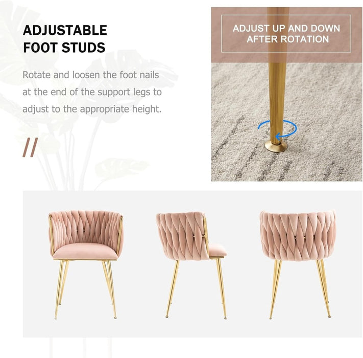 SERENITà Pink Modern Hand Weaving Dining Chairs,Velvet Upholstered Side Chairs with Gold Legs, Chic Vanity Chairs with Armrest, Accent Chair for Dining Room, and Cafe Set of 2 - Amazingooh Wholesale