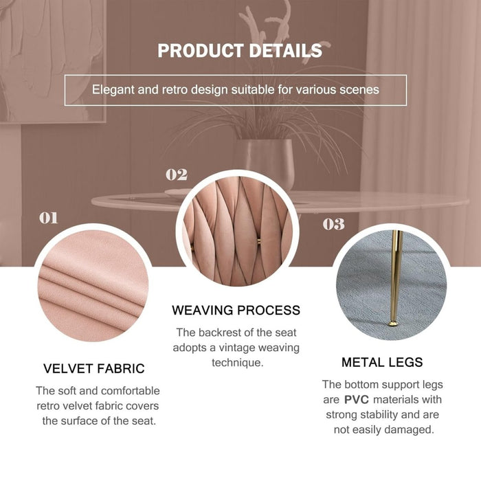 SERENITà Pink Modern Hand Weaving Dining Chairs,Velvet Upholstered Side Chairs with Gold Legs, Chic Vanity Chairs with Armrest, Accent Chair for Dining Room, and Cafe Set of 2 - Amazingooh Wholesale