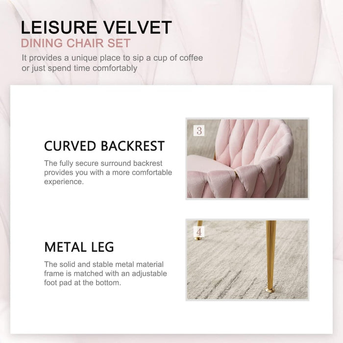 SERENITà Pink Modern Hand Weaving Dining Chairs,Velvet Upholstered Side Chairs with Gold Legs, Chic Vanity Chairs with Armrest, Accent Chair for Dining Room, and Cafe Set of 2 - Amazingooh Wholesale