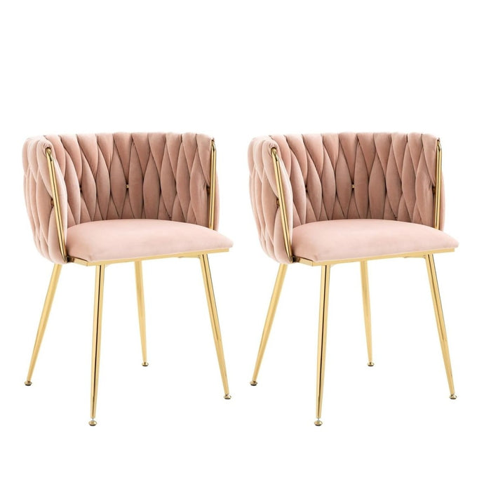 SERENITà Pink Modern Hand Weaving Dining Chairs,Velvet Upholstered Side Chairs with Gold Legs, Chic Vanity Chairs with Armrest, Accent Chair for Dining Room, and Cafe Set of 2 - Amazingooh Wholesale