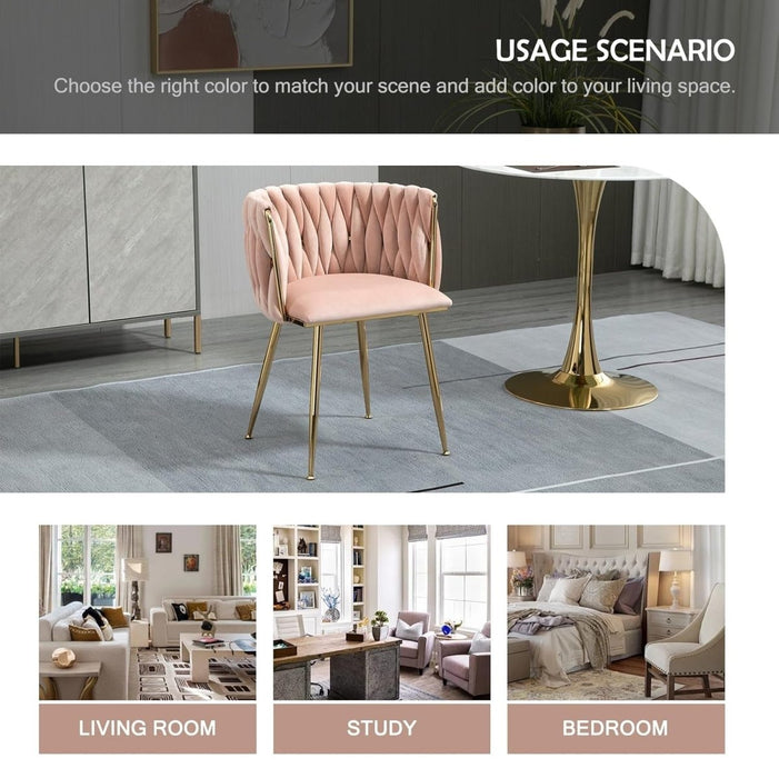 SERENITà Pink Modern Hand Weaving Dining Chairs,Velvet Upholstered Side Chairs with Gold Legs, Chic Vanity Chairs with Armrest, Accent Chair for Dining Room, and Cafe Set of 2 - Amazingooh Wholesale
