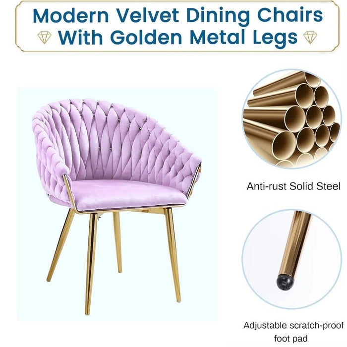 SERENITà Pink Modern Velvet Dining Chairs, Upholstered Living Room Chair with Woven Back and Golden Metal Legs, Mid - Century Accent Set of 2 - Amazingooh Wholesale
