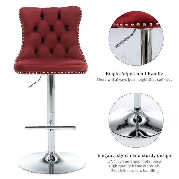 SERENITà Red Velvet Bar Stools Adjustable Swivel Counter Height Chairs with Tufted Back and Nailhead Trim for Kitchen Island Pub Restaurant (2Pcs, Chrome Metal) - Amazingooh Wholesale