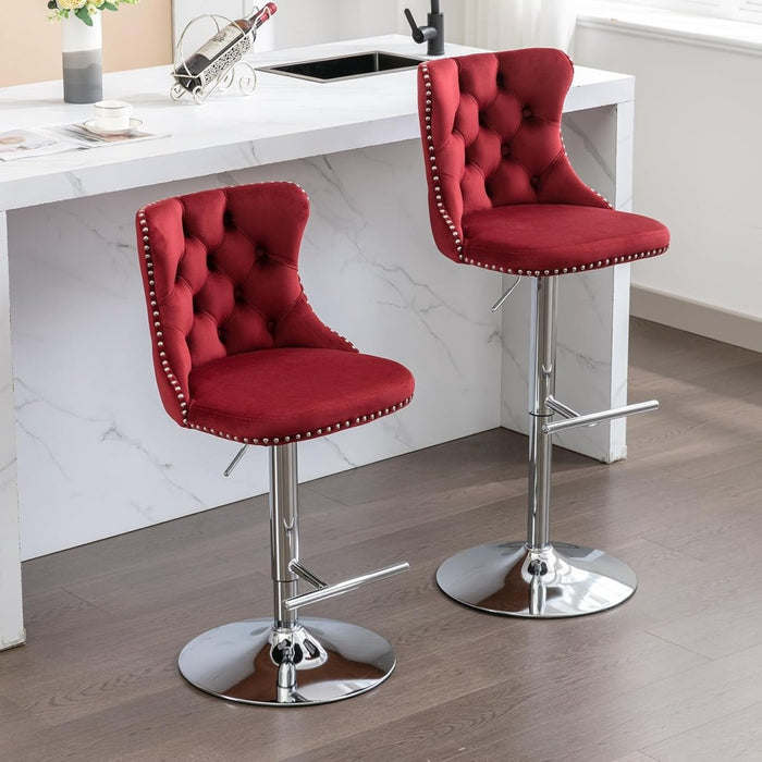 SERENITà Red Velvet Bar Stools Adjustable Swivel Counter Height Chairs with Tufted Back and Nailhead Trim for Kitchen Island Pub Restaurant (2Pcs, Chrome Metal) - Amazingooh Wholesale