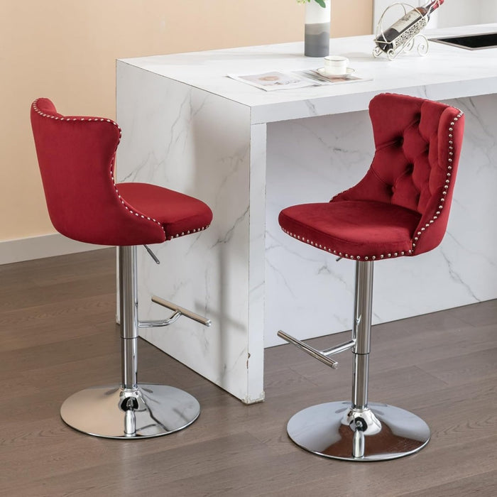 SERENITà Red Velvet Bar Stools Adjustable Swivel Counter Height Chairs with Tufted Back and Nailhead Trim for Kitchen Island Pub Restaurant (2Pcs, Chrome Metal) - Amazingooh Wholesale