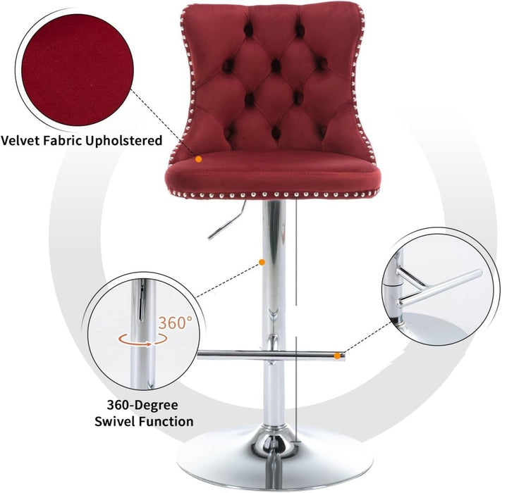 SERENITà Red Velvet Bar Stools Adjustable Swivel Counter Height Chairs with Tufted Back and Nailhead Trim for Kitchen Island Pub Restaurant (2Pcs, Chrome Metal) - Amazingooh Wholesale