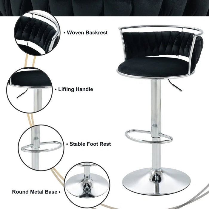 SERENITà Silver Swivel Upholstered Velvet Adjustable Height Counter Stool with Metal Frame Black (Set of 2) - Amazingooh Wholesale