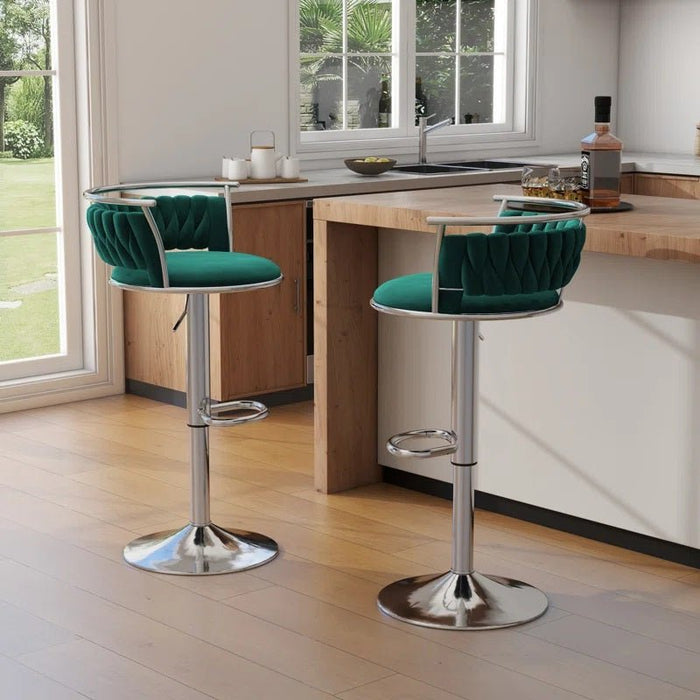 SERENITà Silver Swivel Upholstered Velvet Adjustable Height Counter Stool with Metal Frame Emerald Green (Set of 2) - Amazingooh Wholesale