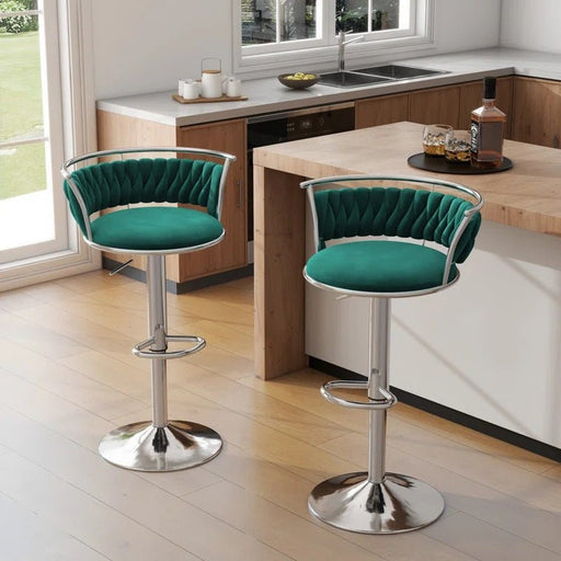 SERENITà Silver Swivel Upholstered Velvet Adjustable Height Counter Stool with Metal Frame Emerald Green (Set of 2) - Amazingooh Wholesale
