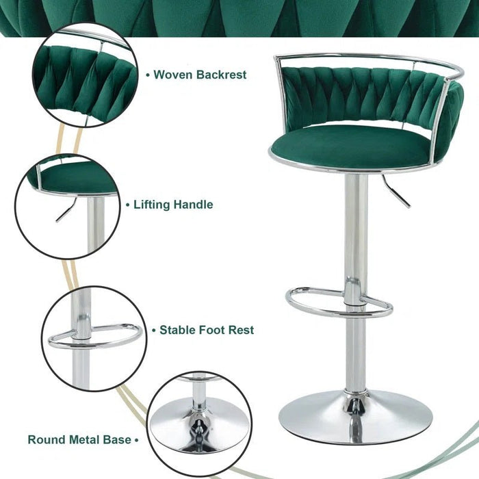 SERENITà Silver Swivel Upholstered Velvet Adjustable Height Counter Stool with Metal Frame Emerald Green (Set of 2) - Amazingooh Wholesale