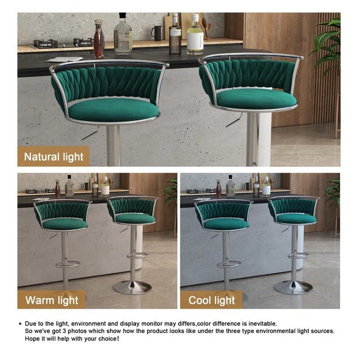 SERENITà Silver Swivel Upholstered Velvet Adjustable Height Counter Stool with Metal Frame Emerald Green (Set of 2) - Amazingooh Wholesale