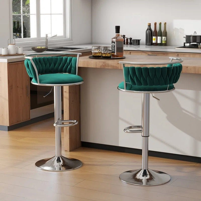SERENITà Silver Swivel Upholstered Velvet Adjustable Height Counter Stool with Metal Frame Emerald Green (Set of 2) - Amazingooh Wholesale
