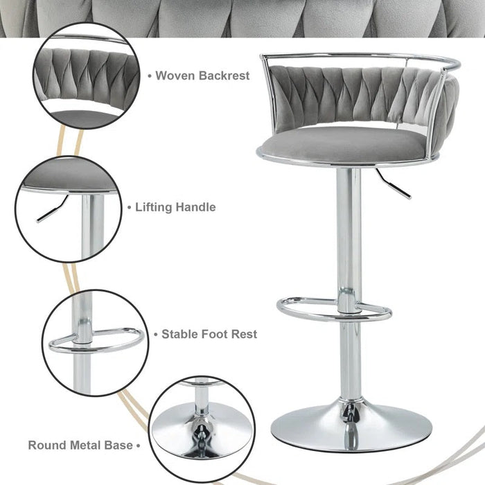 SERENITà Silver Swivel Upholstered Velvet Adjustable Height Counter Stool with Metal Frame Grey (Set of 2) - Amazingooh Wholesale