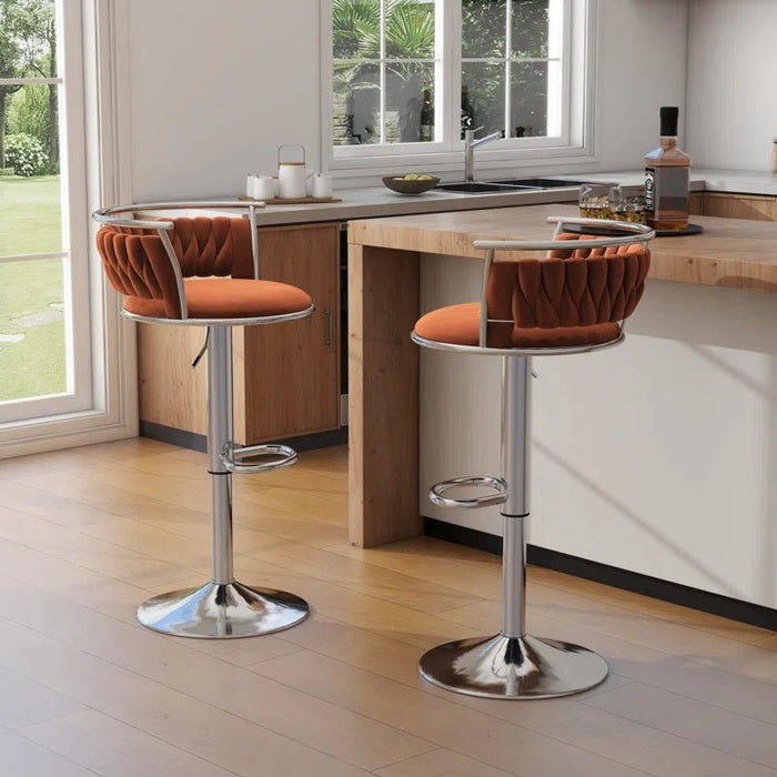 SERENITà Silver Swivel Upholstered Velvet Adjustable Height Counter Stool with Metal Frame Orange (Set of 2) - Amazingooh Wholesale